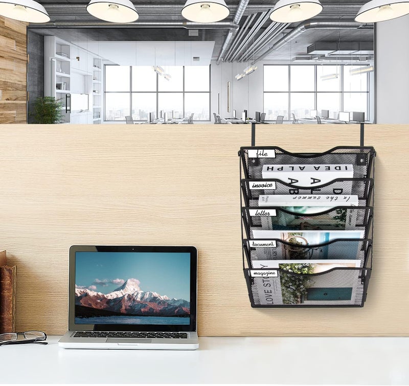 BOHDK Wall File Organizer 5 Pockets, Mail Organizer, Hanging Folder Holder, Foldable | Hanging or Wall Mounted | Label Panel | 2 Hooks | Office Home School Organizer, Black - Image 3